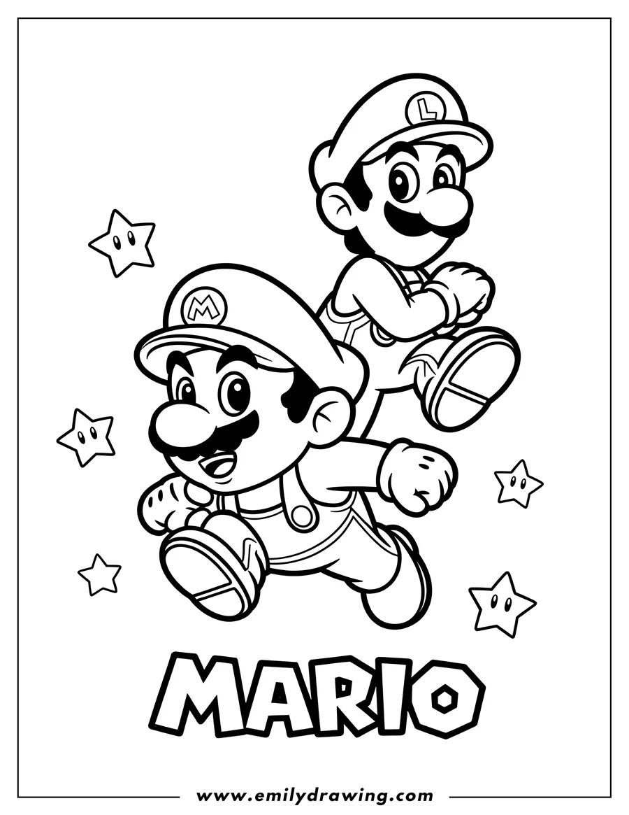 Line art of Mario and Luigi jumping with stars in the background.