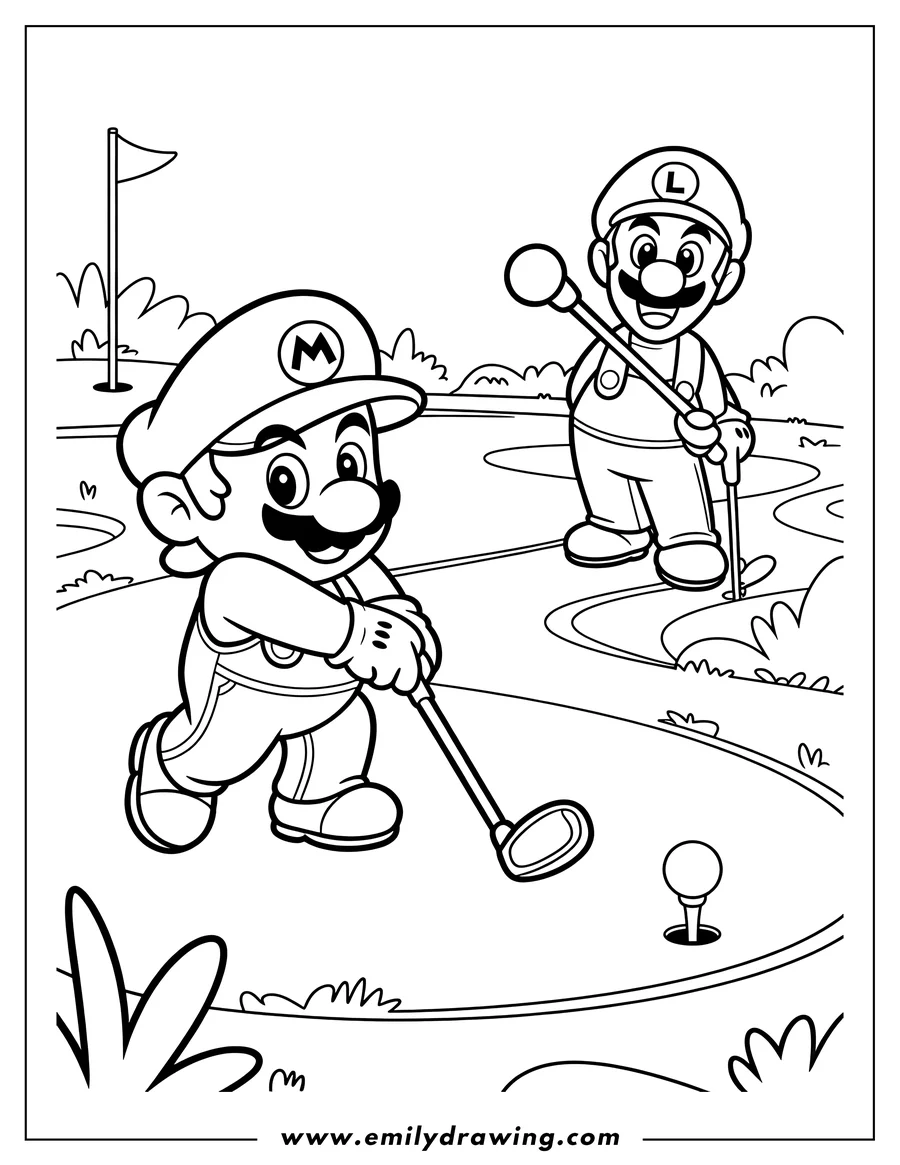 Line art of Mario and Luigi playing golf on a course. Mario is about to hit the golf ball while Luigi watches on.