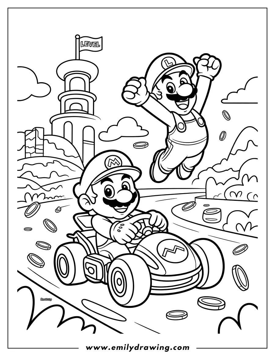 Line art of Mario driving a kart with Luigi cheering him on. They are on a racetrack with a level tower and gold coins.