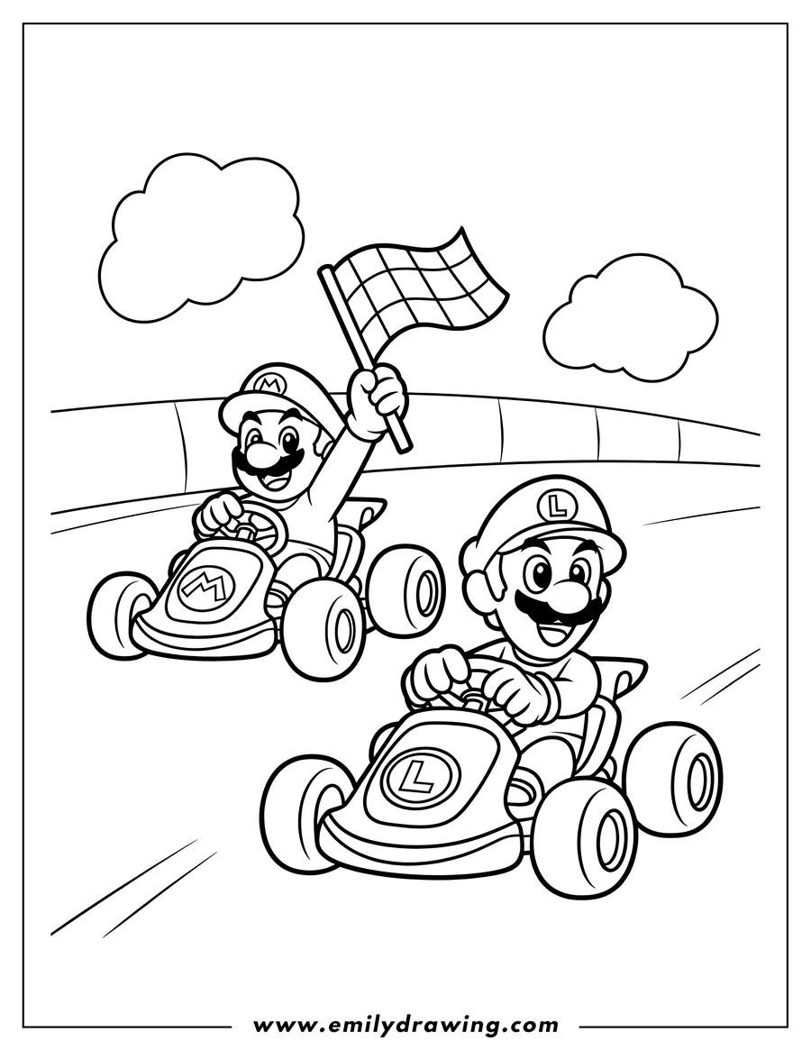 Line art of Mario and Luigi racing karts. Mario holds a checkered flag while Luigi steers his kart. Both are wearing their signature hats and gloves.