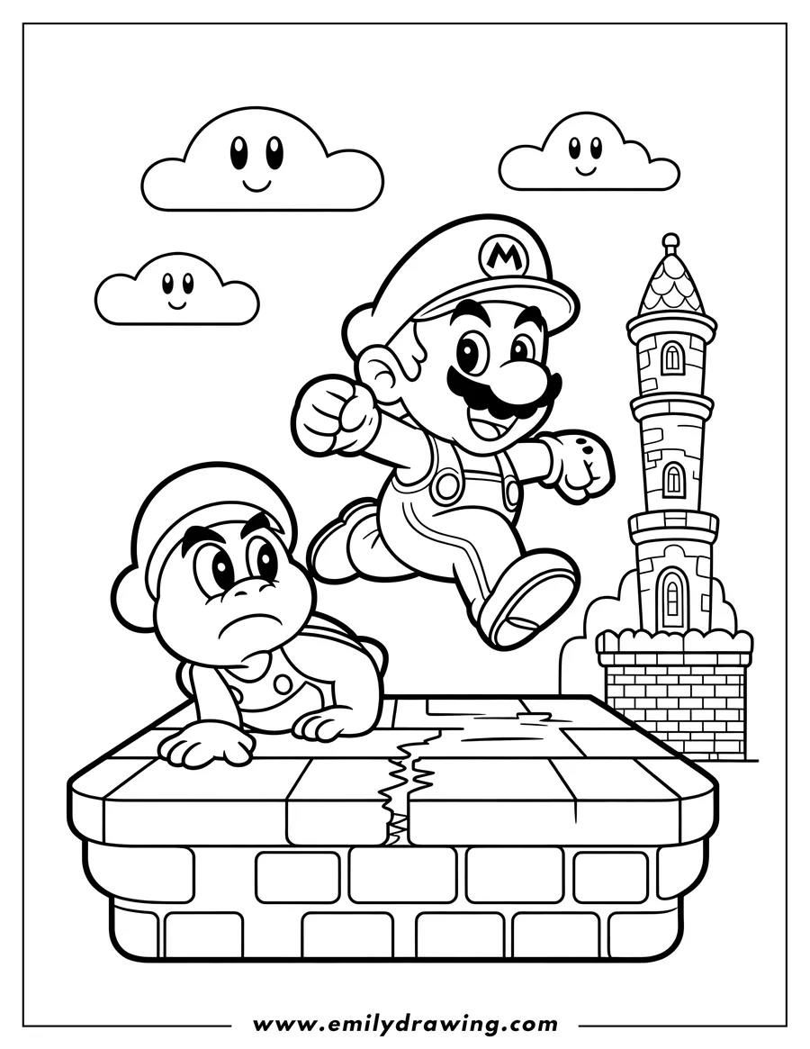 Line art of Mario and Luigi running towards a castle tower. Luigi is crawling behind Mario.