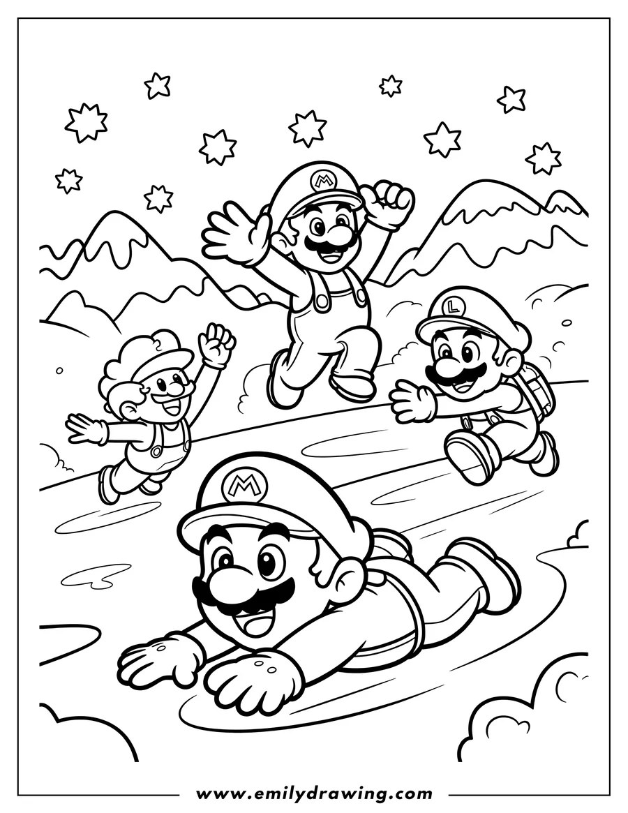 Line art of Mario and Luigi sliding down a snowy hill. Stars and mountains make a fun backdrop.