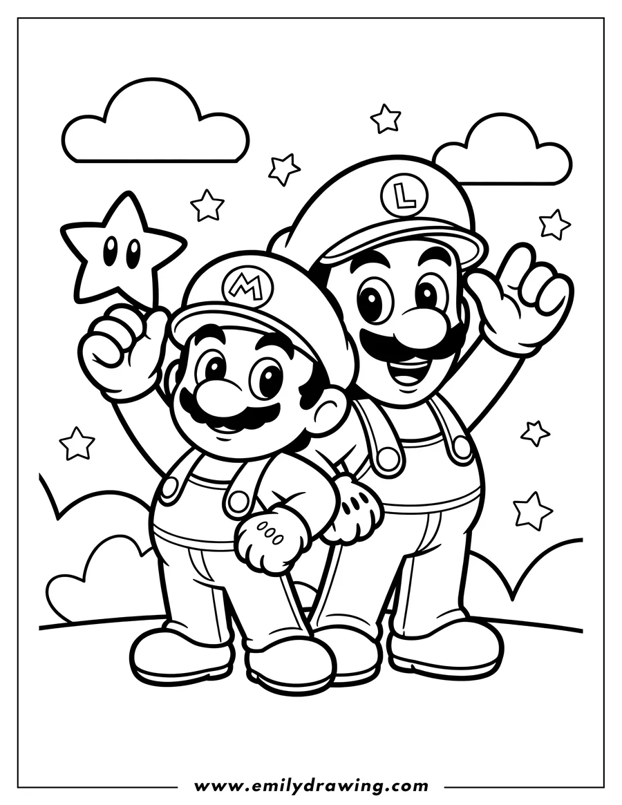 Line art of Mario holding a Super Star and Luigi waving, ready to be colored.