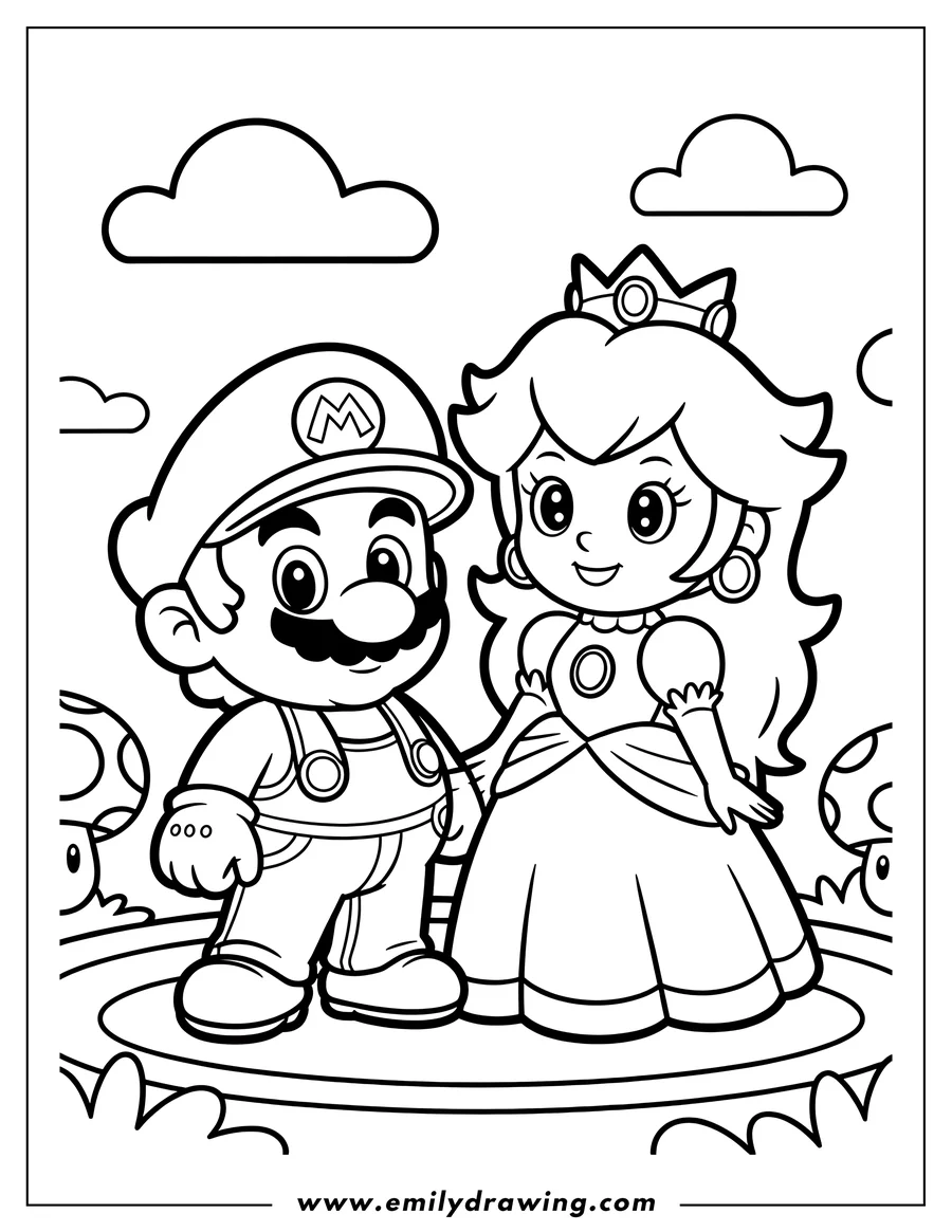 Line art of Mario and Princess Peach from the Super Mario series, standing together in a field with mushrooms and clouds.