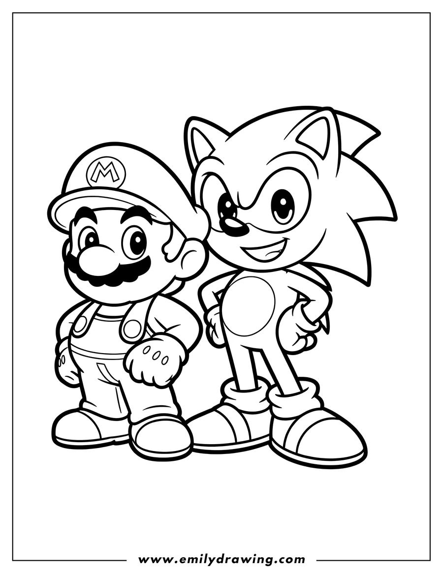 Line art of Mario and Sonic the Hedgehog standing side by side.