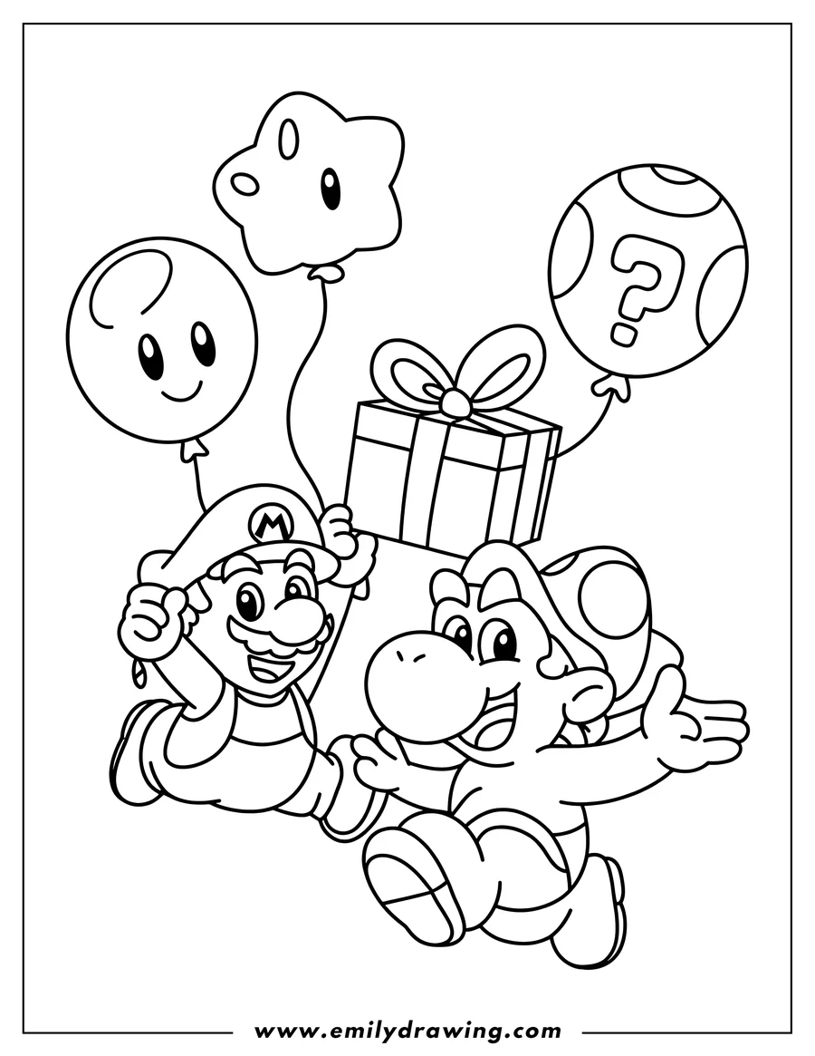 Outline of Mario and Toad holding balloons and a gift. Mario wears his signature hat and overalls, while Toad has his spotted mushroom cap. They appear cheerful and ready for an adventure.