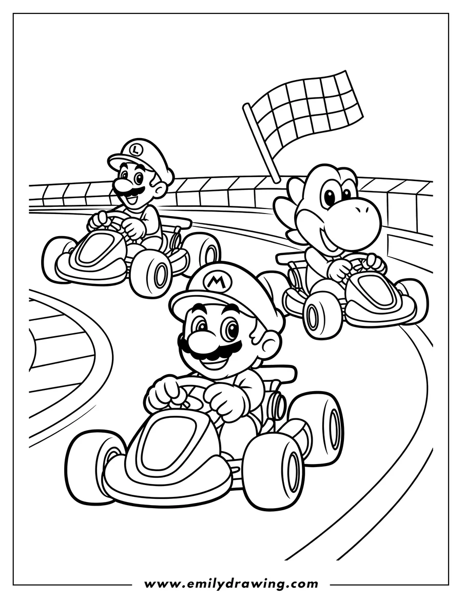 Line art of Mario and Yoshi racing go-karts on a track with a checkered finish flag