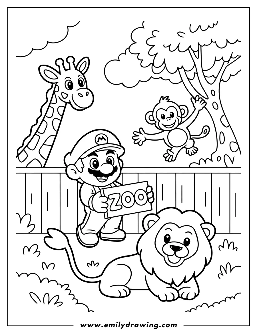 Line art of Mario at the zoo, holding a zoo sign and standing near a lion, with a giraffe and monkey in the background.