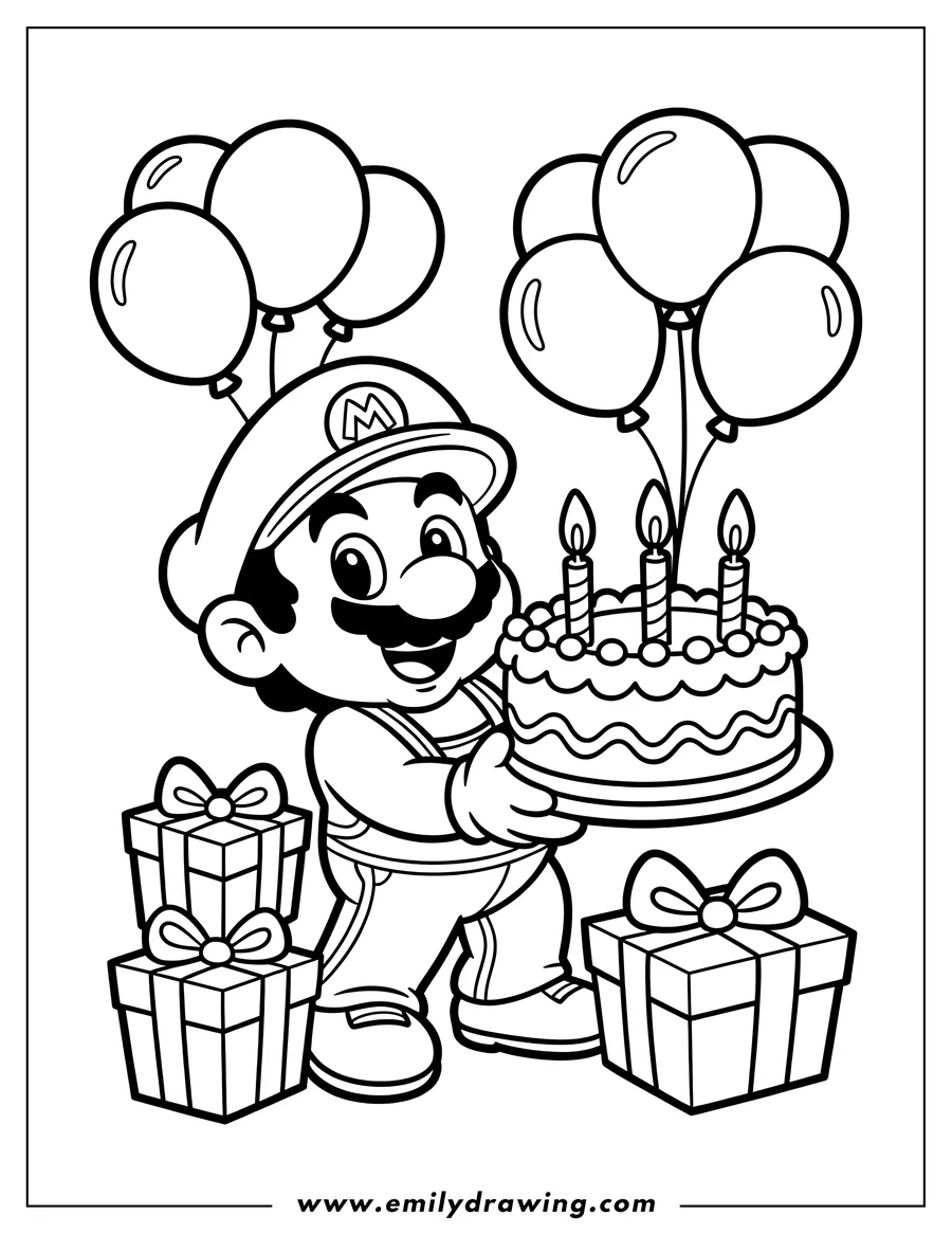 Line art of Mario holding a birthday cake with presents and balloons.