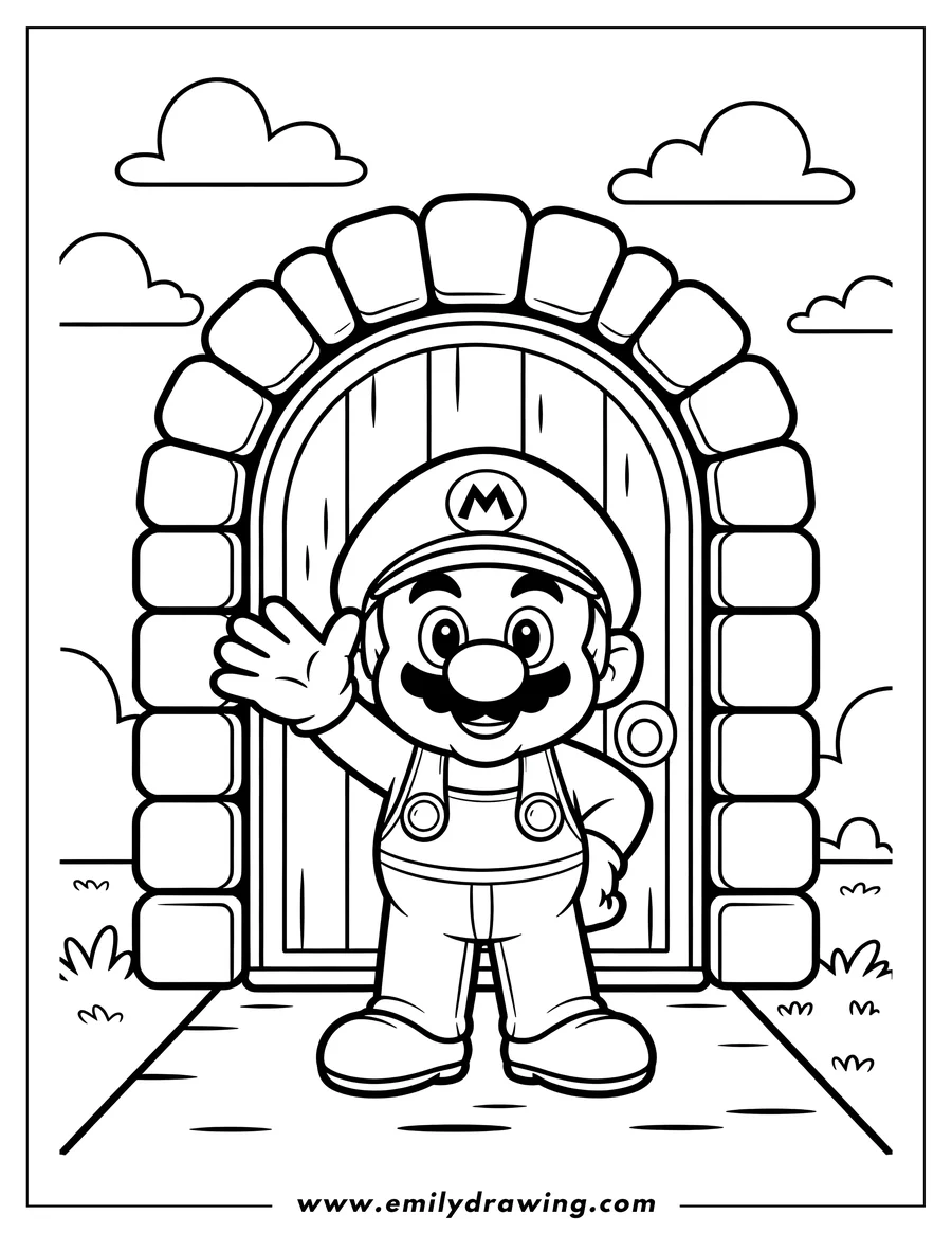 Line art of Mario, the popular video game character, standing in front of a castle door and waving. He's wearing his signature overalls and hat.