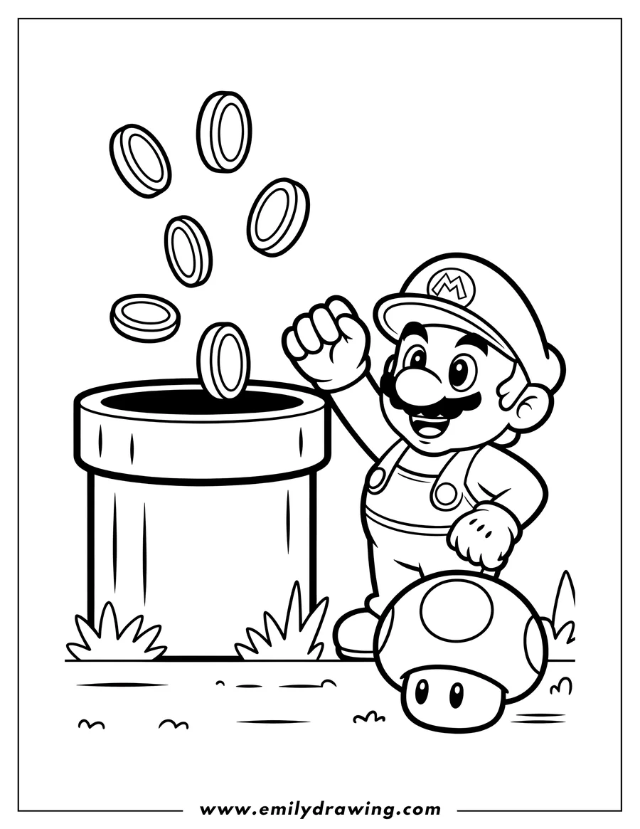 Line art of Mario standing next to a warp pipe with coins coming out, and a mushroom by his feet.