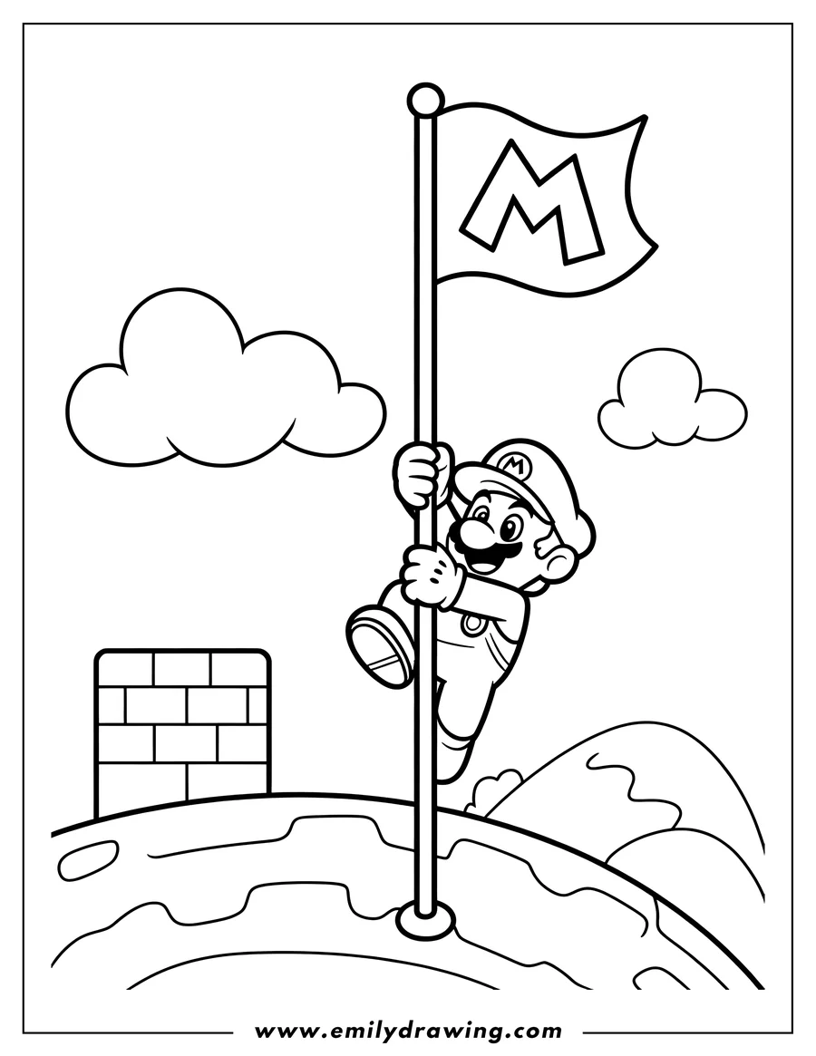 Line art of Mario climbing a flagpole on a small planet with a brick structure, set against a backdrop of clouds.