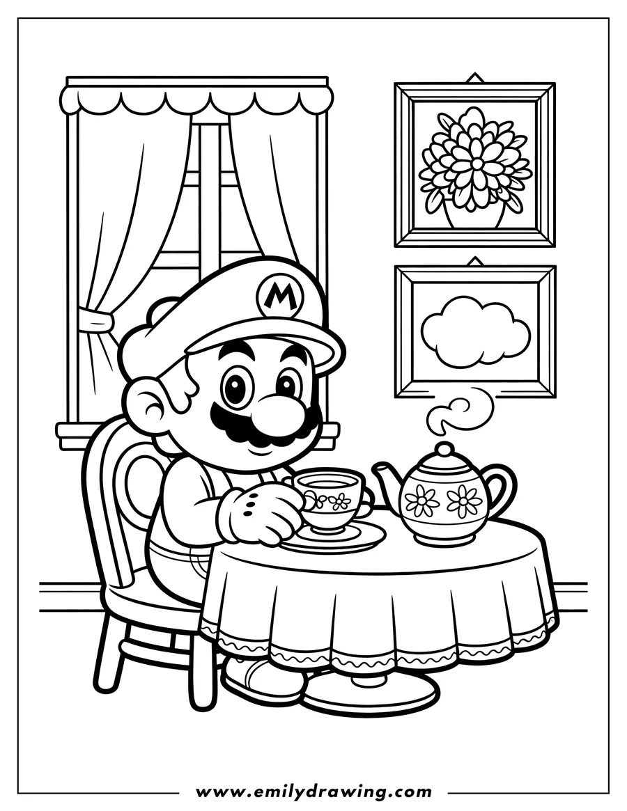 Line art of Mario sitting at a table, enjoying a cup of tea. A steaming teapot sits beside him, and framed pictures hang on the wall behind.