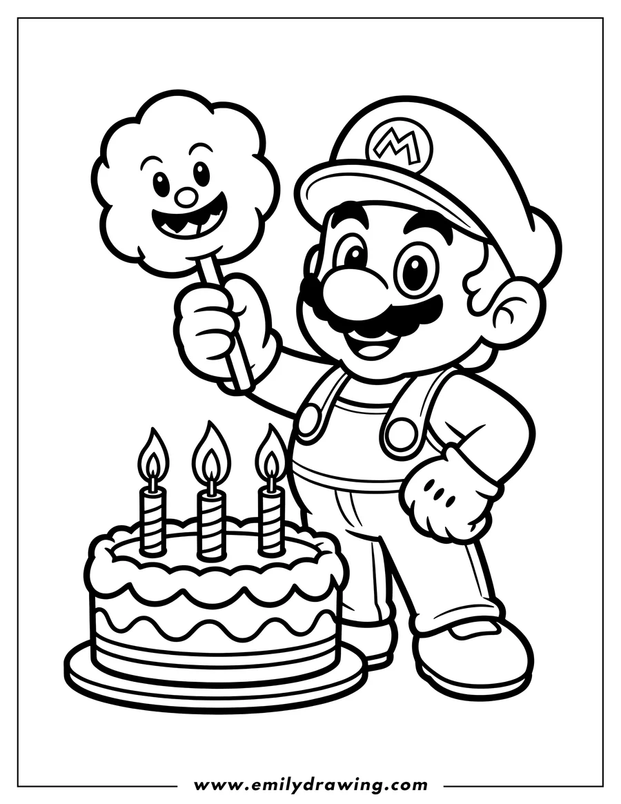Line art of Mario from Super Mario Bros. holding cotton candy. A birthday cake with three lit candles sits beside him.