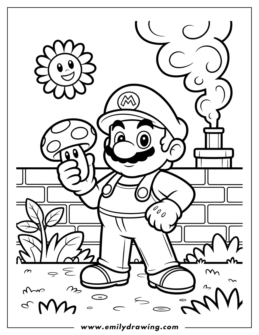 Line art of Mario from Super Mario Bros. holding a spotted mushroom. He's standing near a brick wall and some plants, with a smiling flower and a smoking chimney in the background.