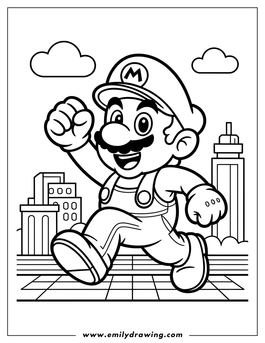 Line art illustration of Mario running through a city setting with buildings and clouds in the background.