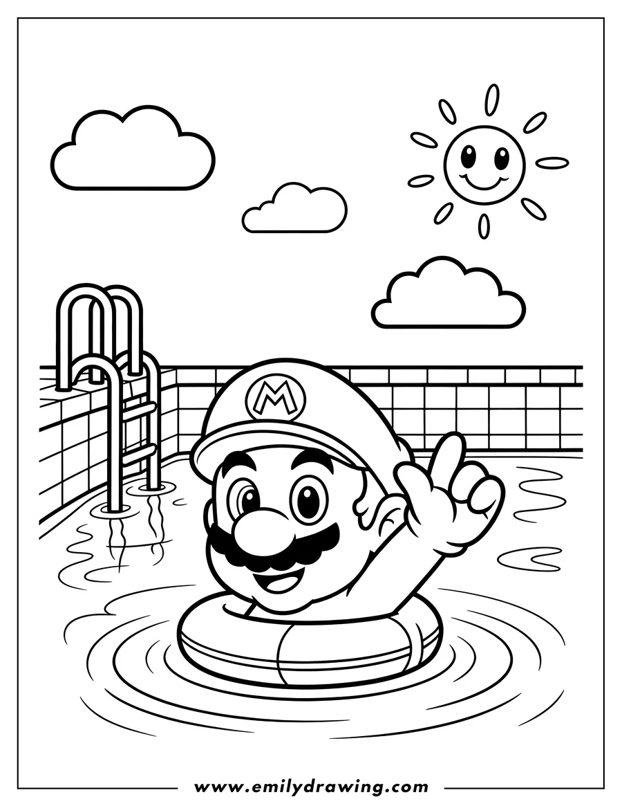 Line art of Mario relaxing in a swimming pool on an inner tube. He's wearing his signature hat and giving a thumbs up.