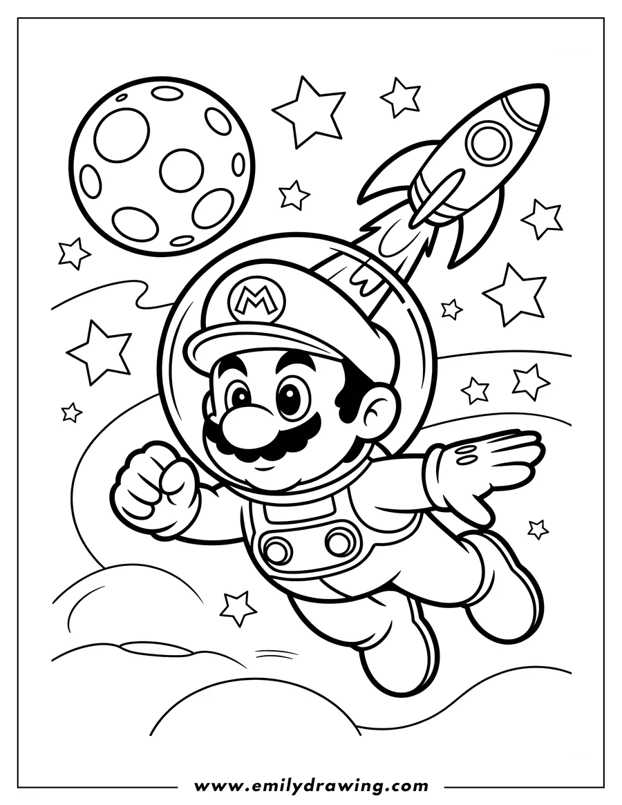 Line art of Mario floating in space with a rocket, stars, and a planet in the background.