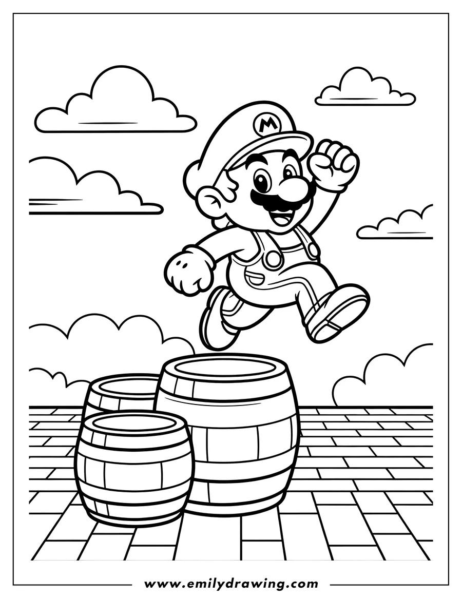 Line art of Mario jumping over two barrels. He is wearing his signature overalls and hat with the letter 'M'.