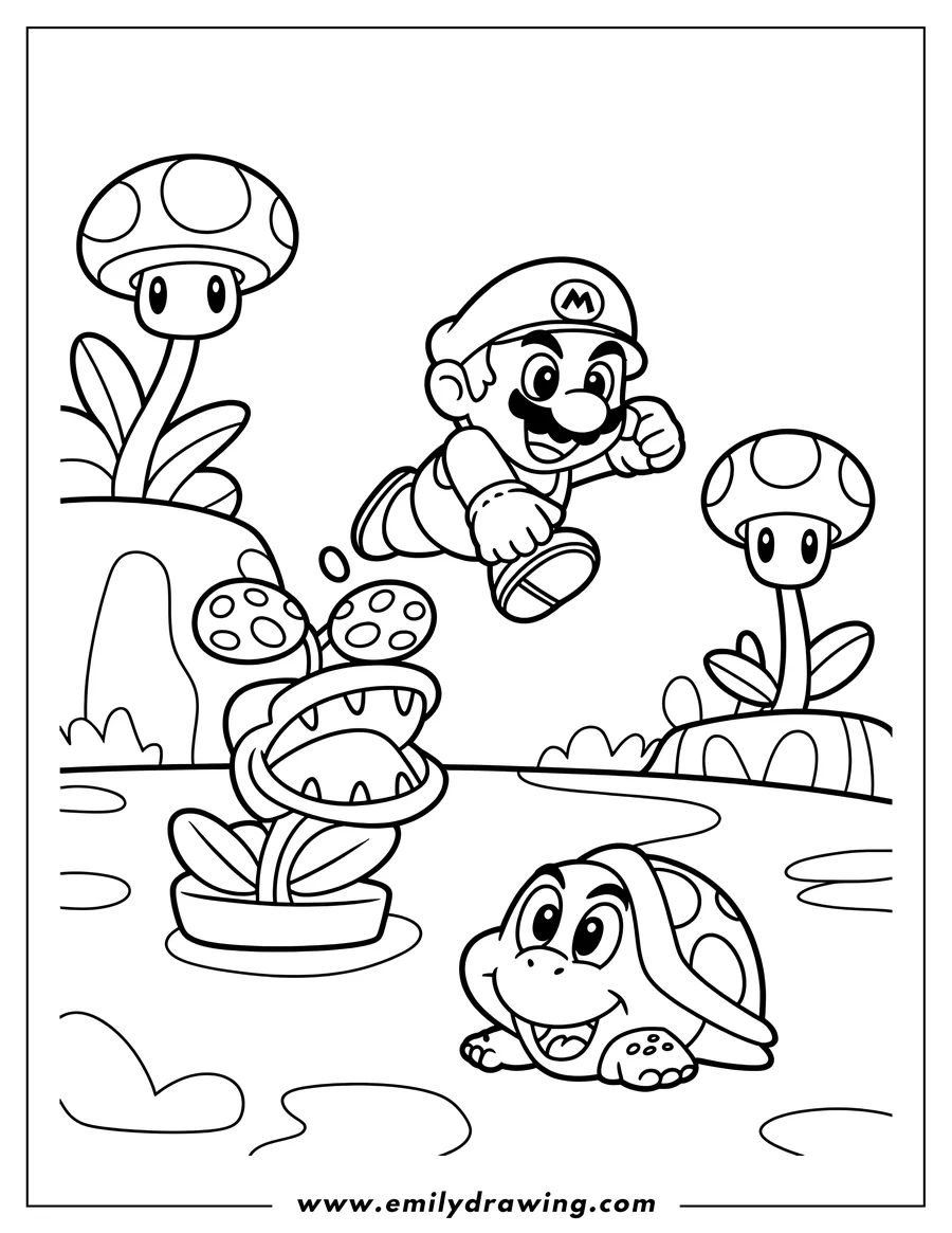 Line art of Mario jumping over a Piranha Plant. A Koopa Troopa looks up from the water's edge. Two spotted mushrooms sprout from the ground in the background.