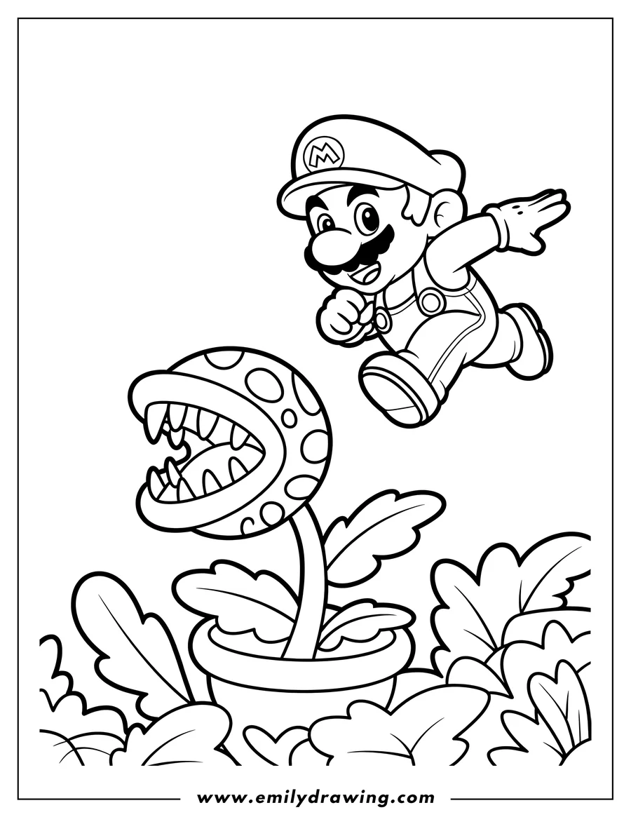 Line art of Mario leaping over a Piranha Plant in a pot, surrounded by foliage.