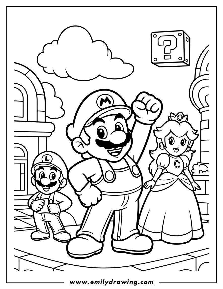 Line art of Mario, Luigi, and Princess Peach from the Super Mario series. Mario raises his fist, Luigi stands confidently, and Peach smiles gently. They are positioned against a backdrop hinting at a game level.