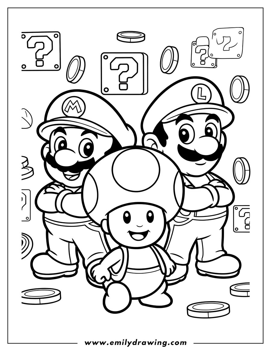 Line art of Mario, Luigi, and Toad from the Super Mario Bros. franchise. They're standing together, ready for a coloring adventure!