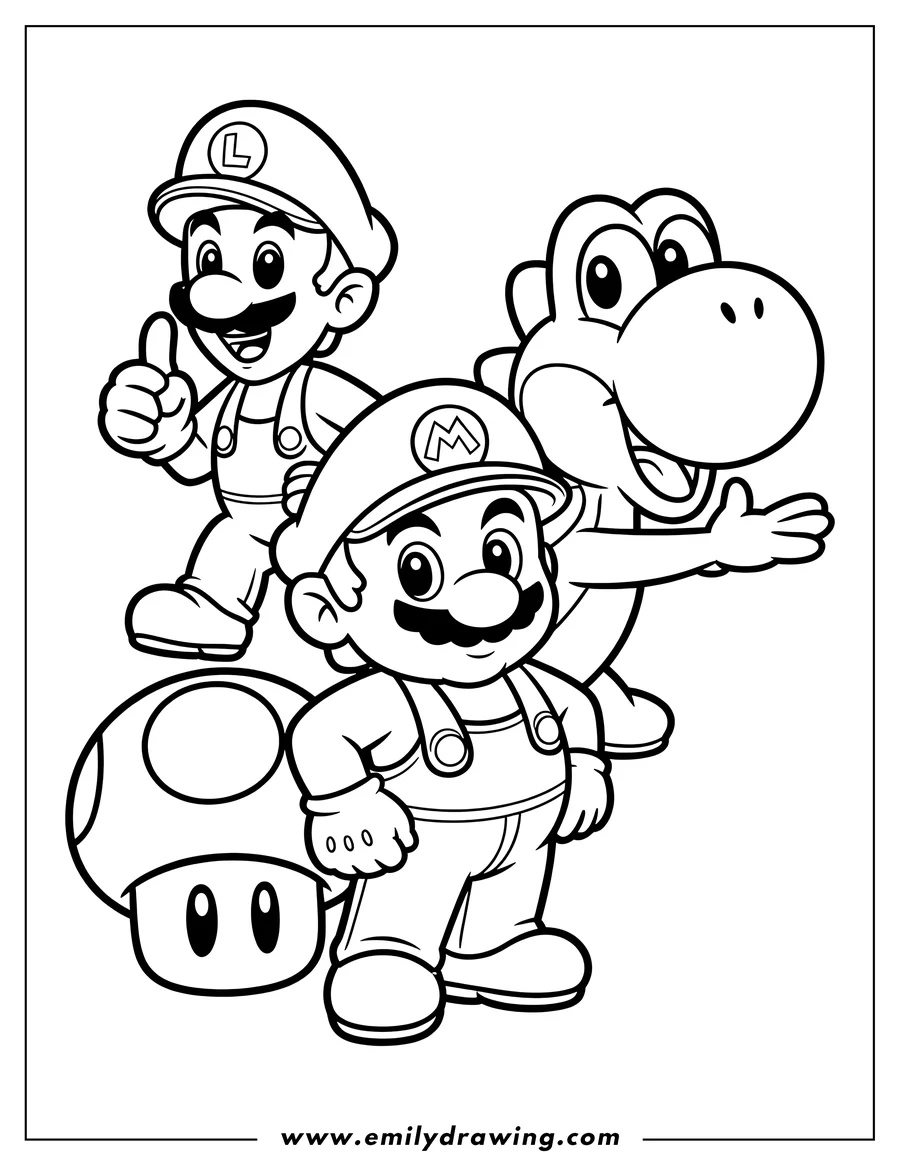 Line art of Mario, Luigi, and Yoshi from the Super Mario Bros. franchise. Mario gives a thumbs-up, Luigi stands near a mushroom, and Yoshi extends a welcoming hand.