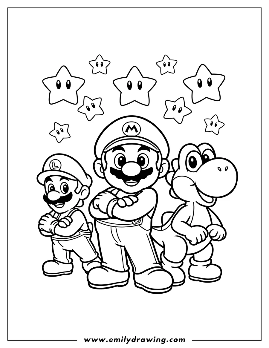 Line art of Mario, Luigi, and Yoshi standing together with several smiling stars above them.