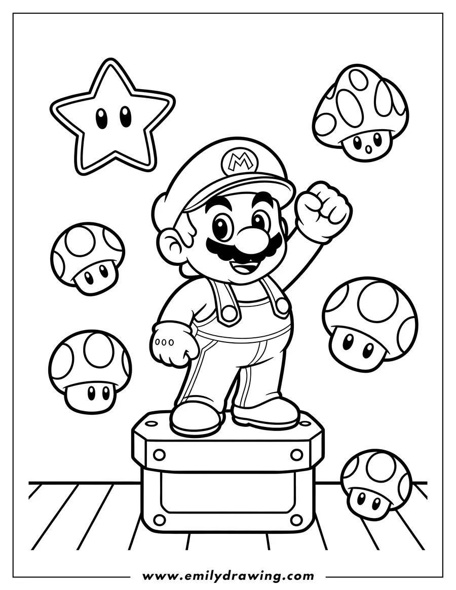 Line art of Mario standing on a block, with a Super Star and Super Mushrooms.