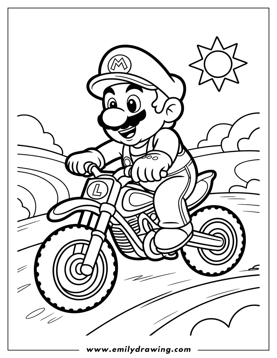 Line art of Mario riding a motorcycle with an 'L' on the front, against a sunny, rolling hills background.