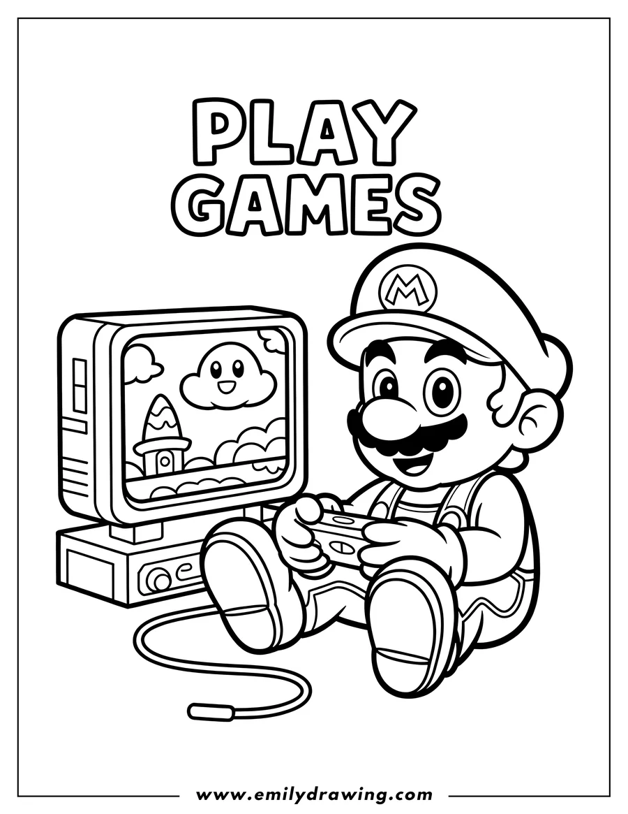 Line art of Mario sitting and playing a video game with a controller. The game features a friendly cloud and a rocket. The words 'Play Games' appear above Mario.