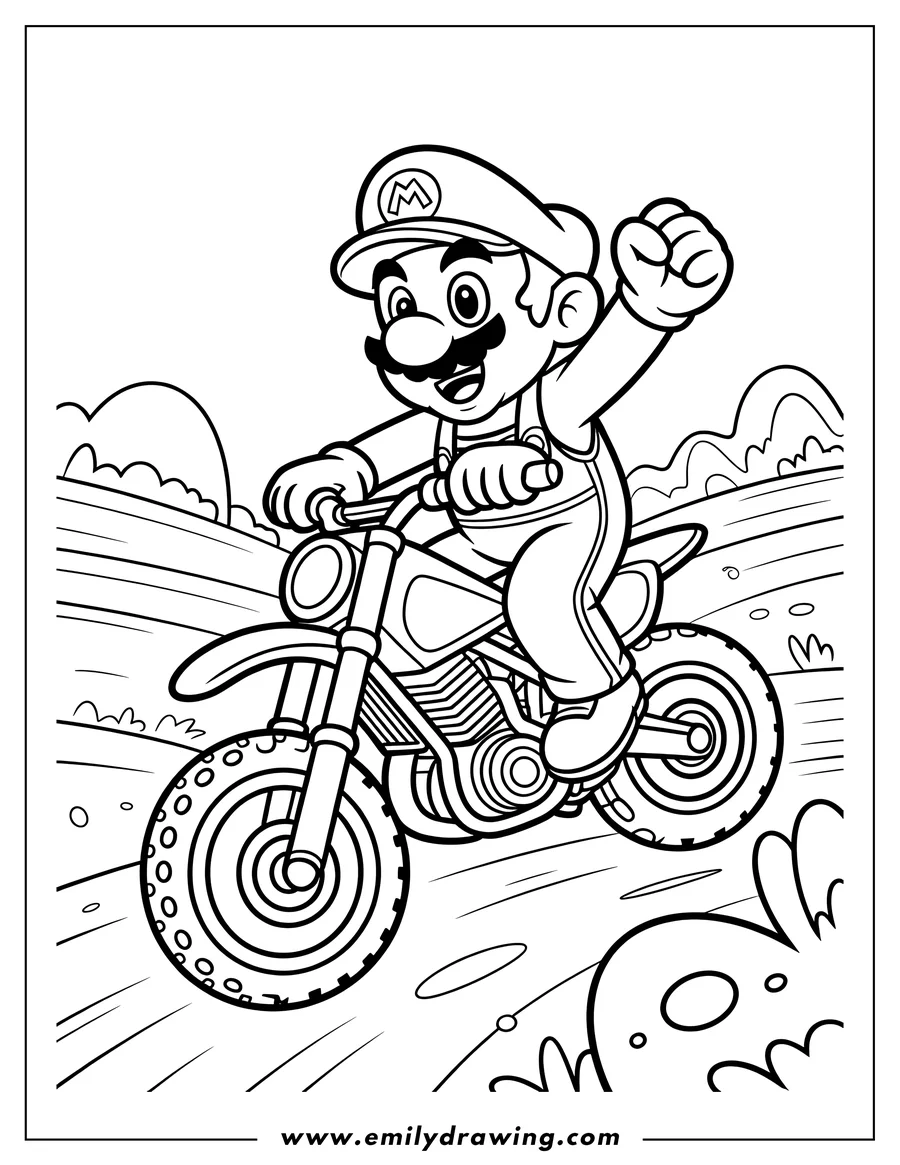 Line art of Mario riding a motorcycle with his hand raised. He is smiling.