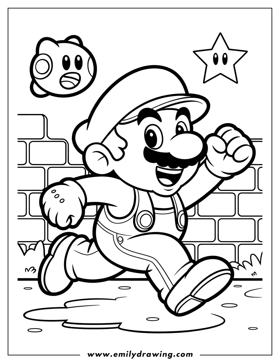 Line art of Mario running. He is wearing his signature overalls and hat.