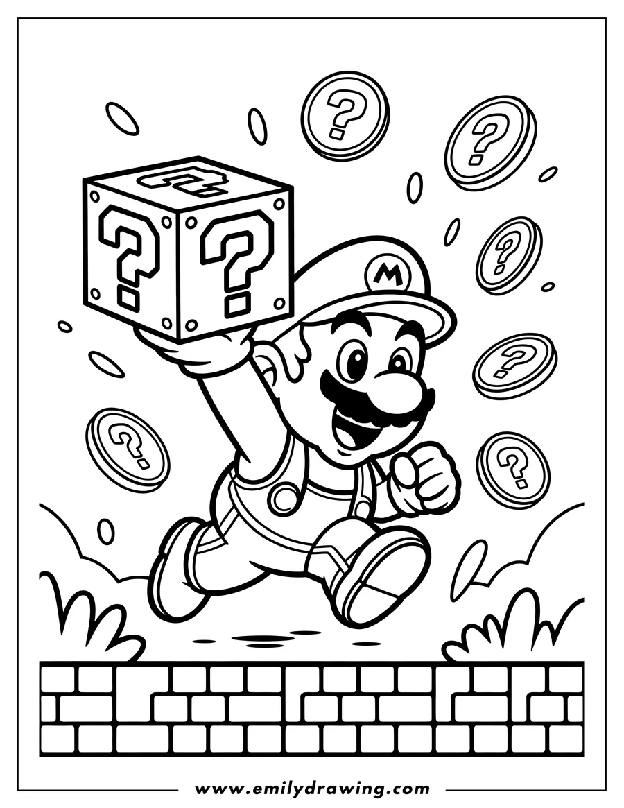 Line art of Mario running and carrying a question mark box. Question mark coins float around him. He runs along a brick path.
