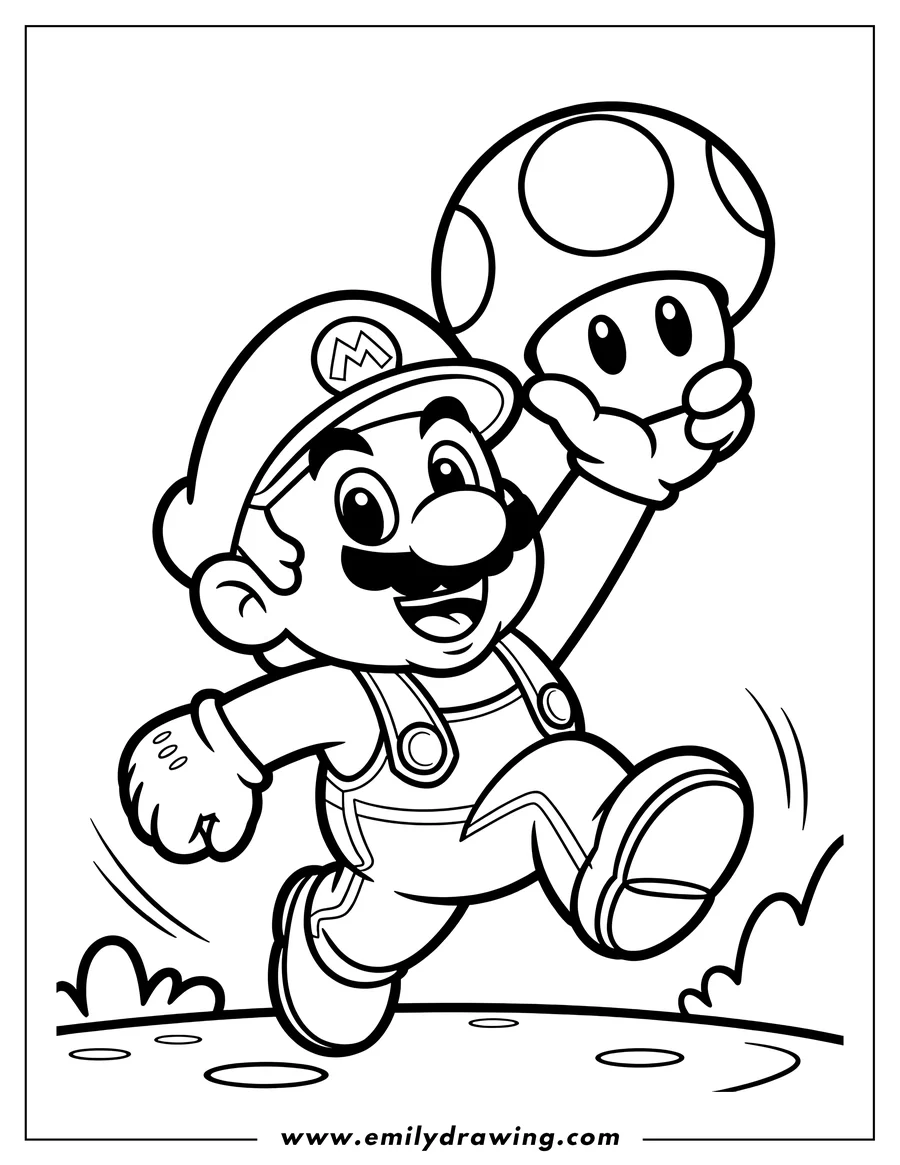 Line art of Mario running with a Super Mushroom held high
