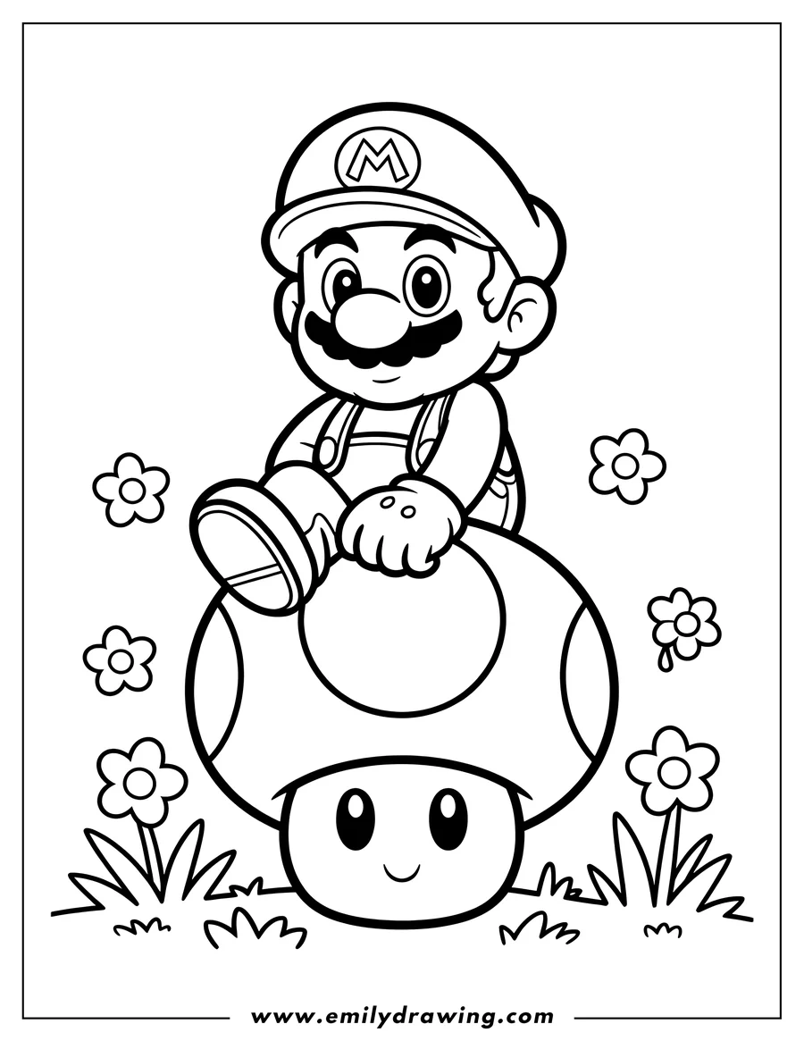 Line art of Mario sitting on a smiling mushroom surrounded by flowers and grass.