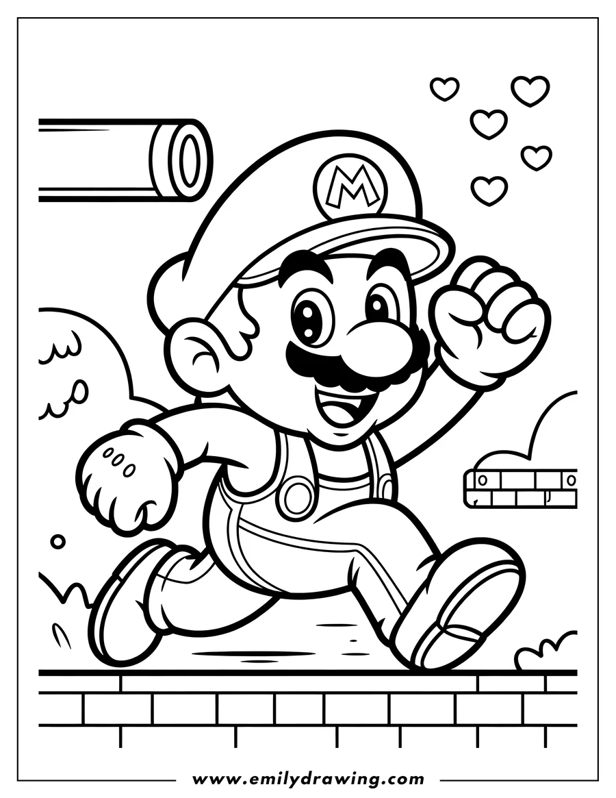 Line art of Mario from Super Mario Bros. running. He is wearing his signature overalls and hat with the 'M' emblem.
