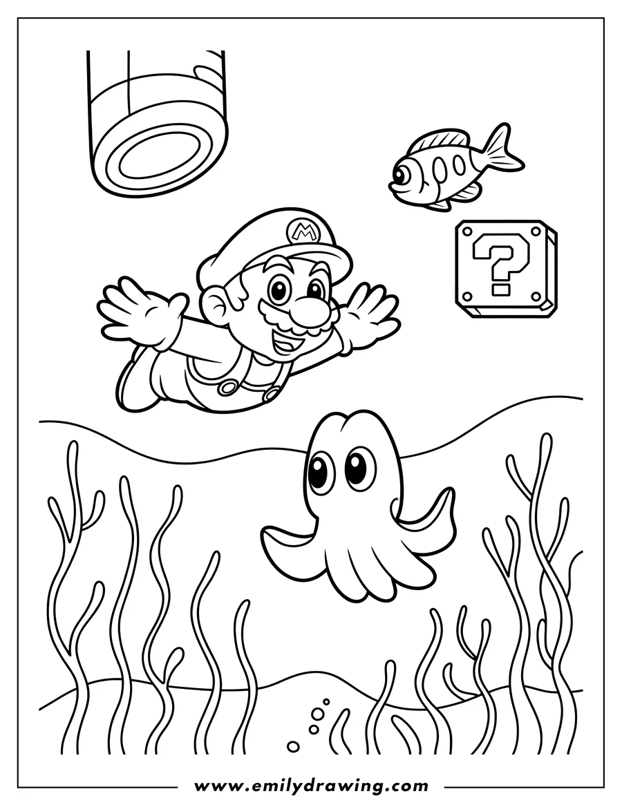 Line art of Mario swimming underwater, with a blooper, fish, and mystery block.