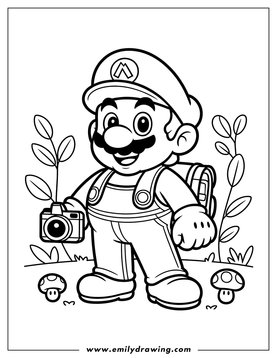 Line art of Mario, the popular video game character, holding a camera and wearing his signature overalls and hat. He has a backpack and is standing near some small mushrooms.