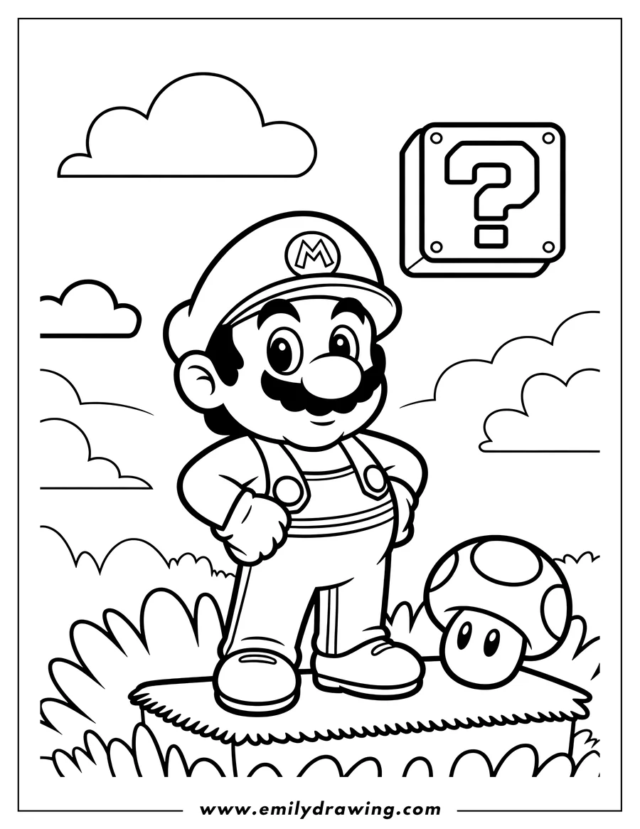 Outline of Mario standing near a Super Mushroom, ready for a coloring adventure.