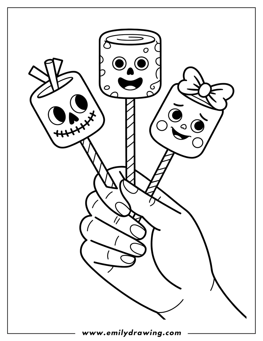 Outline of three marshmallow lollipops held in a hand. Each lollipop has a unique face, one resembling a Halloween character, one with a bow, and one with a cheerful expression.