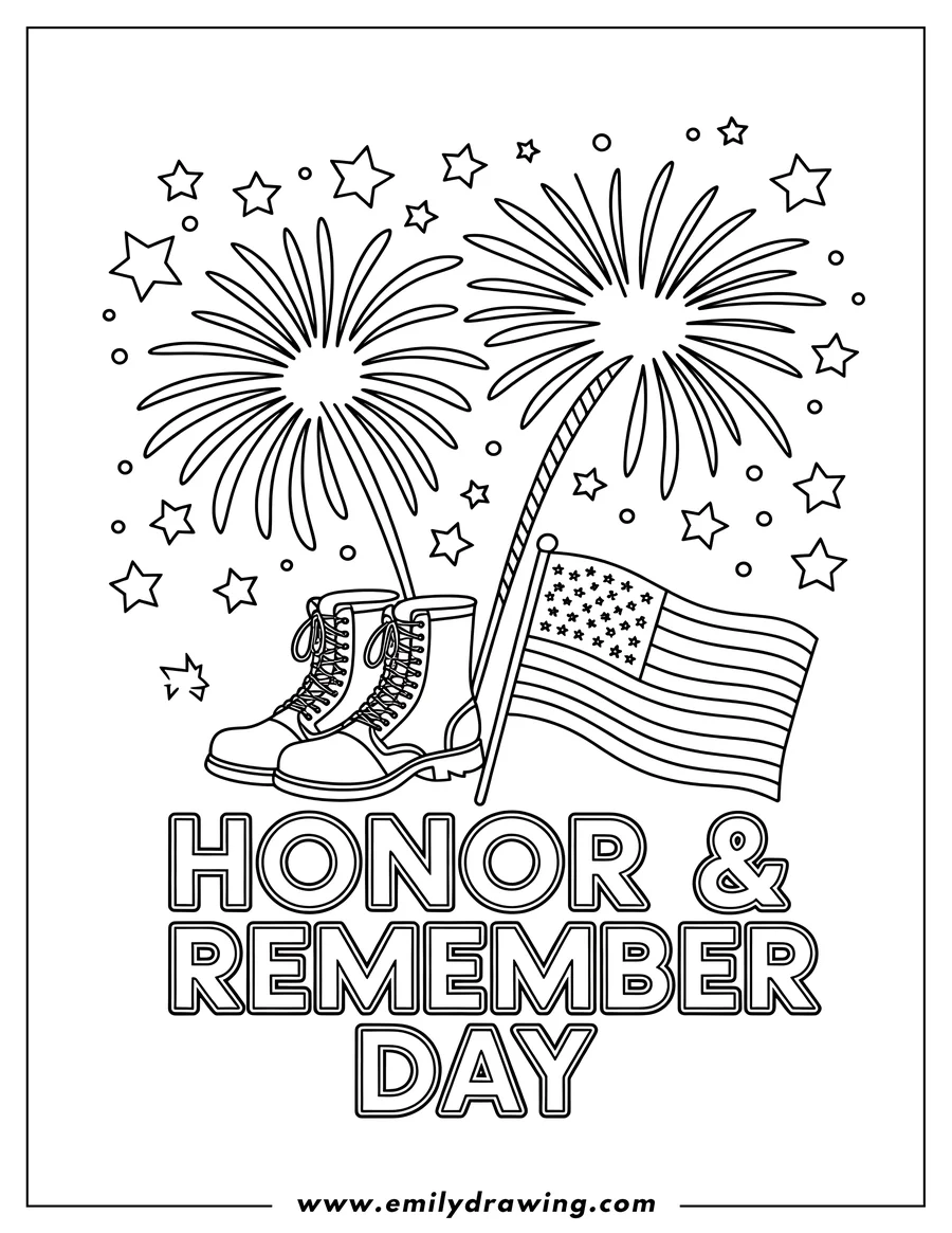 Line art of military boots and an American flag with fireworks in the background for Memorial Day.