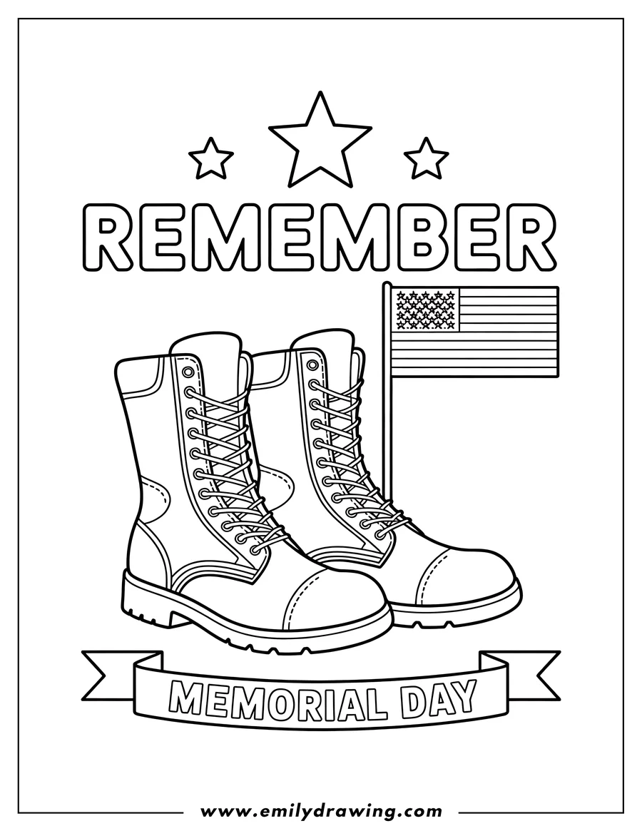 Line art illustration of a pair of military boots and a US flag with a