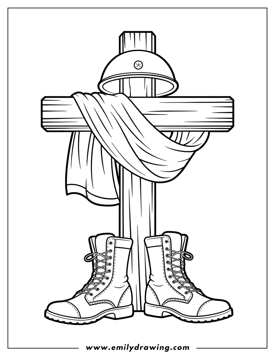 Line art of a wooden cross with a helmet and draped cloth resting on top, and a pair of boots placed at the base. This image represents a memorial.