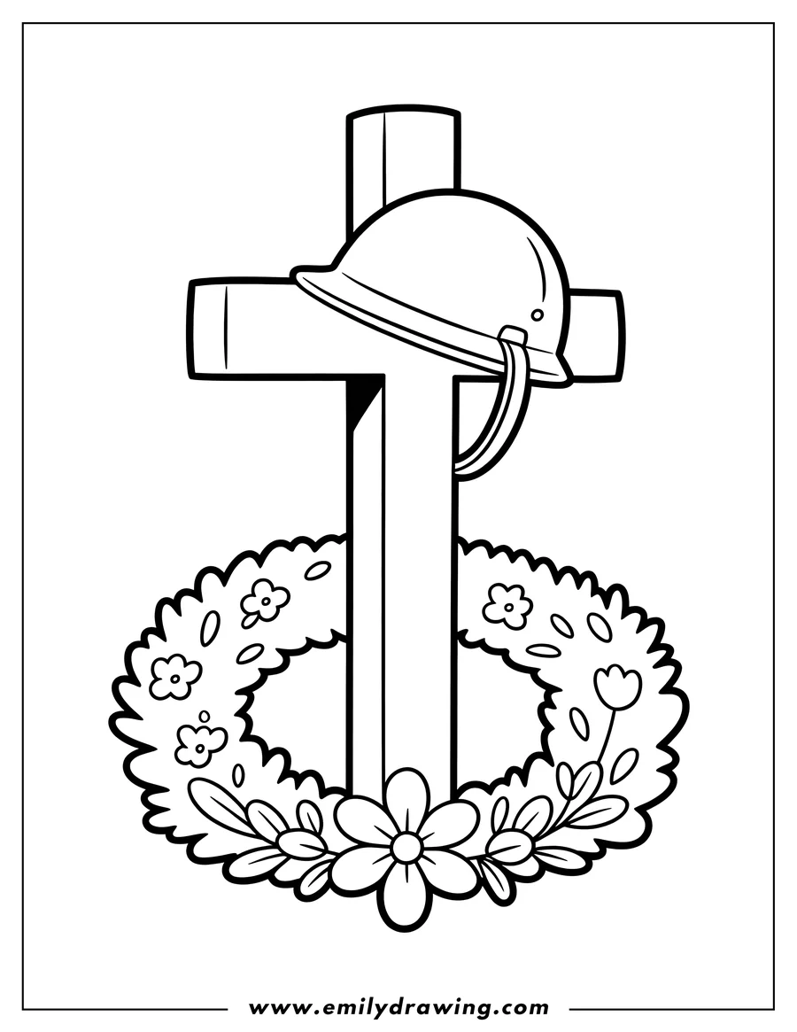 Line art of a cross with a helmet resting on it, placed in front of a floral wreath. This image represents a Memorial Day theme.
