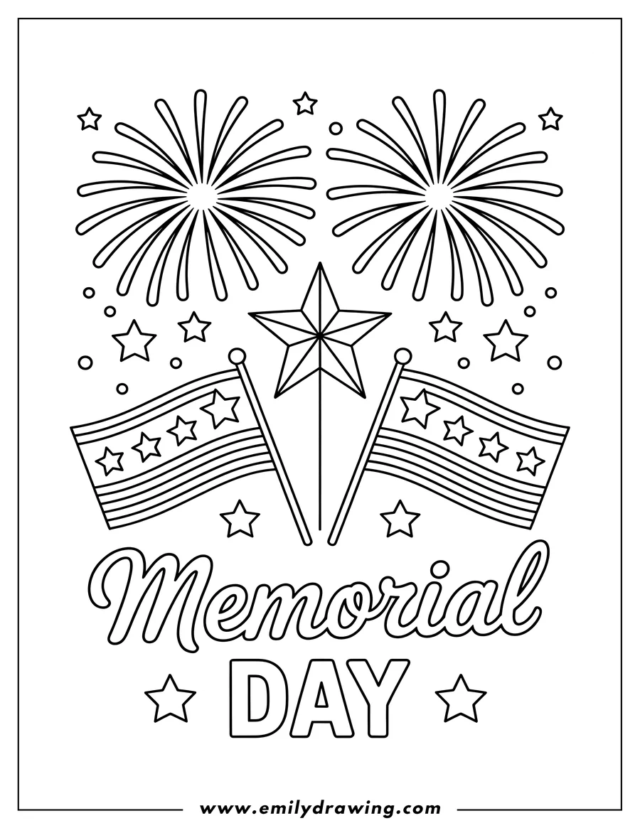 Outline of a Memorial Day scene with fireworks, stars, and American flags.