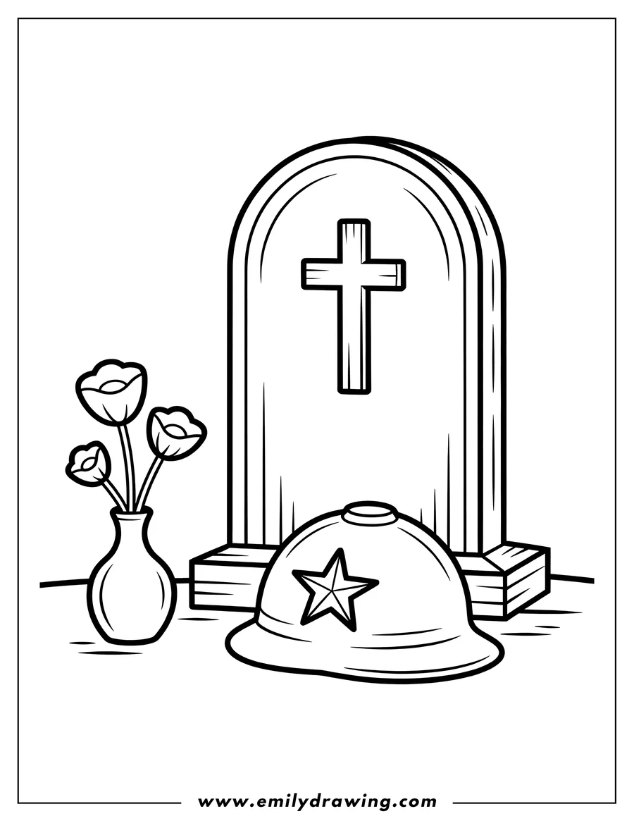 Line art of a Memorial Day scene with a soldier's helmet and poppies in a vase next to a gravestone.