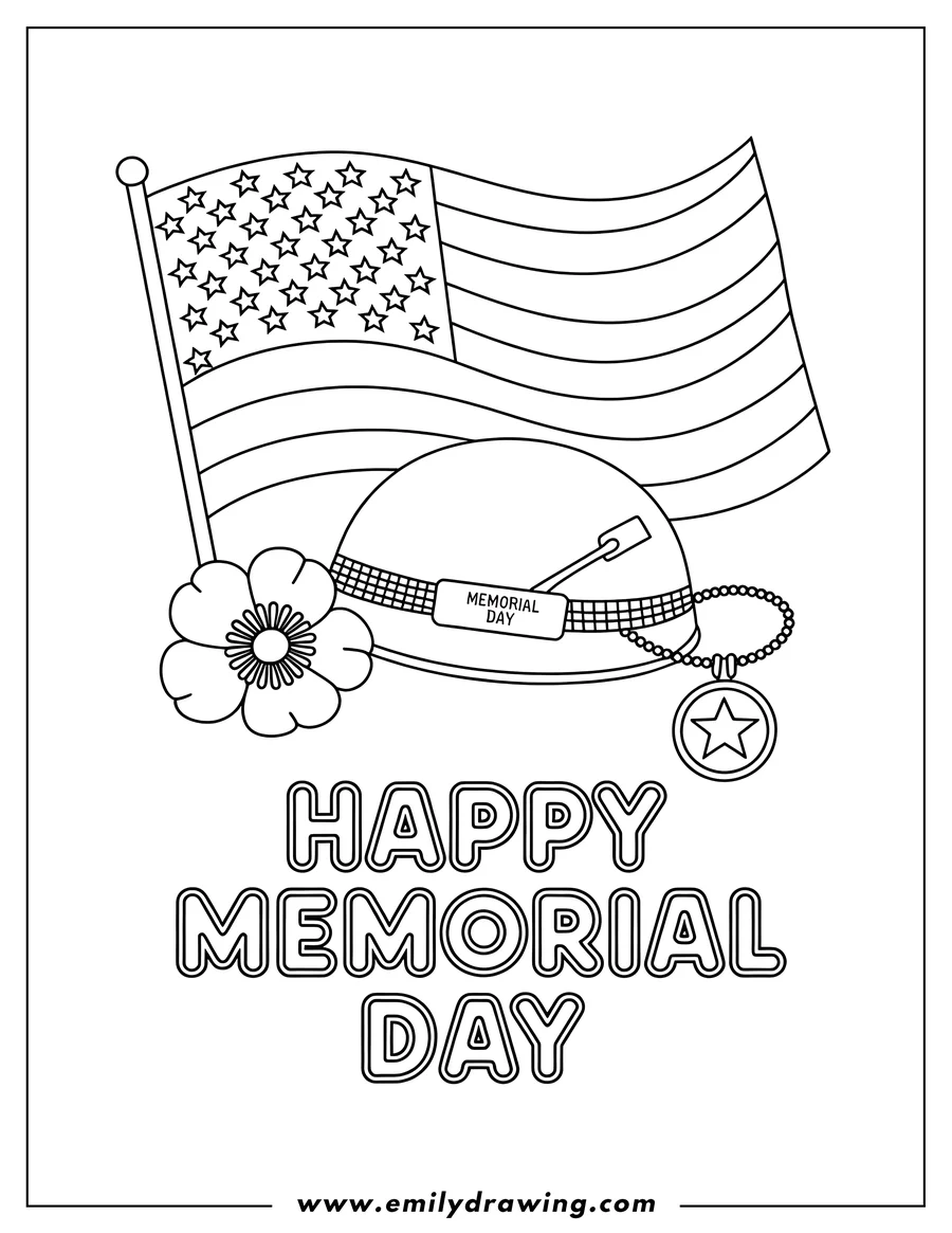 Line art illustration of a Memorial Day scene with a US flag, a helmet, a poppy flower, and a star necklace. The words