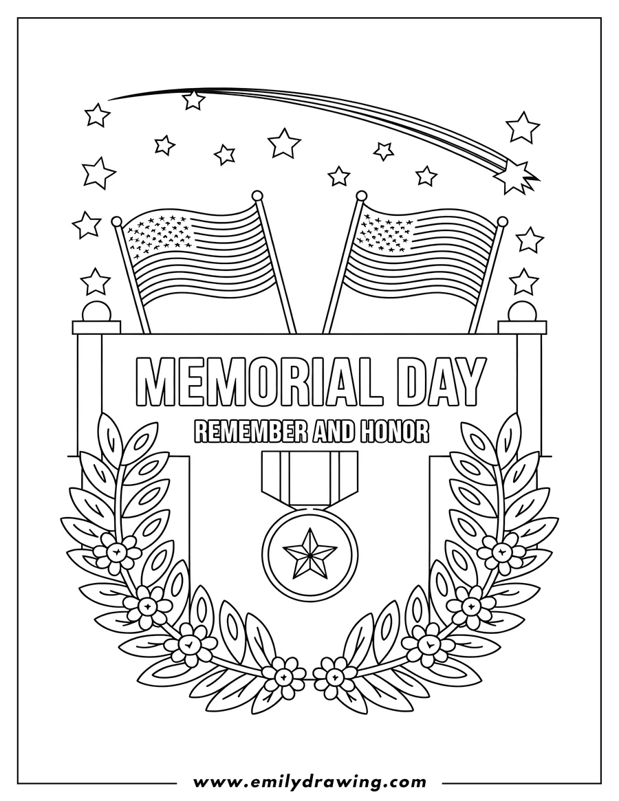Line art of a Memorial Day design with two American flags, stars, a medal, and decorative floral elements. The text 'Memorial Day' and 'Remember and Honor' is included in the center.
